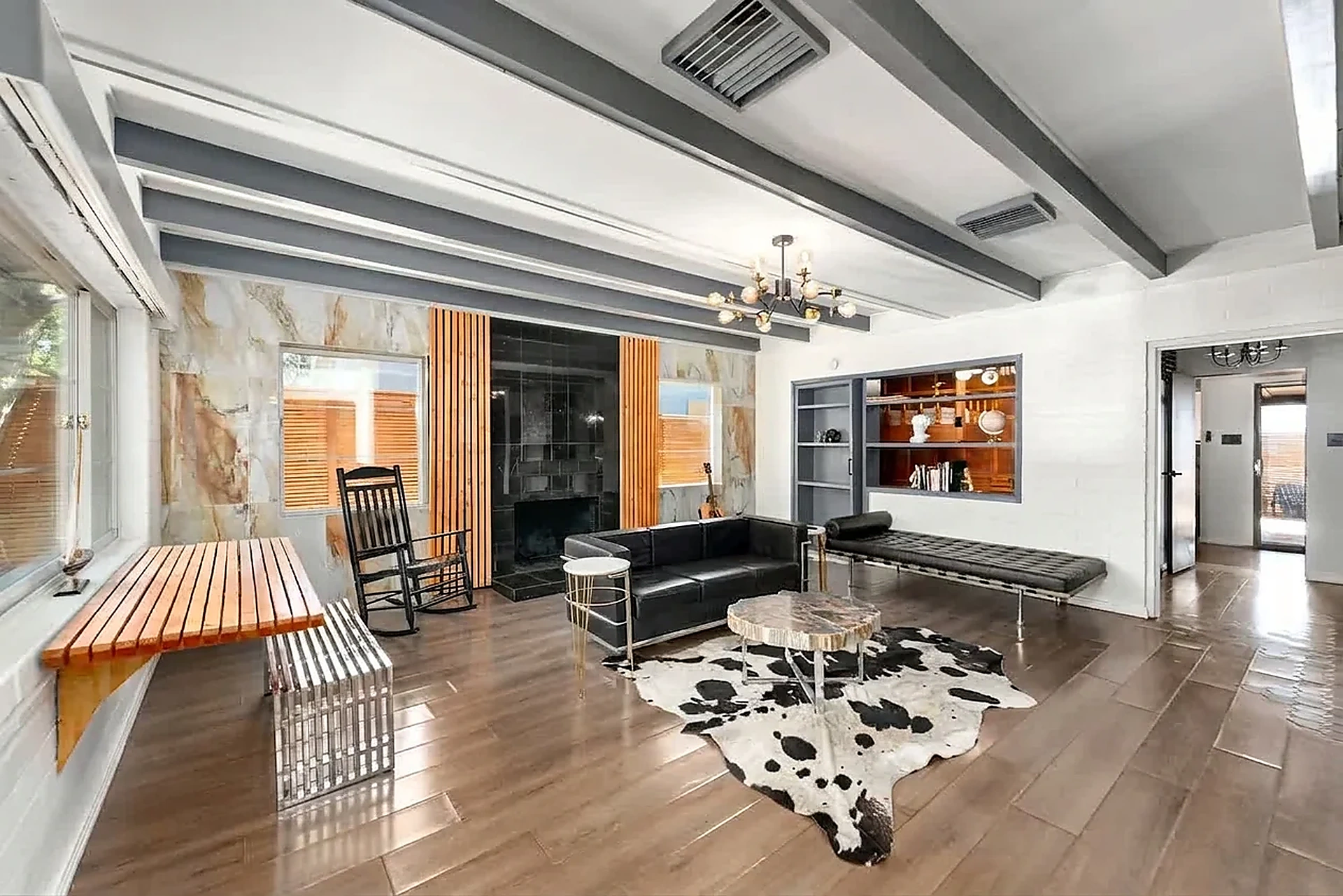 Living room with marble fireplace
